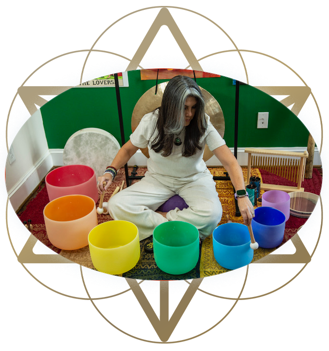 Norely doing a sound healing session with sacred geometry